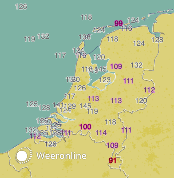 Maximale windstoten 18 februari 2022